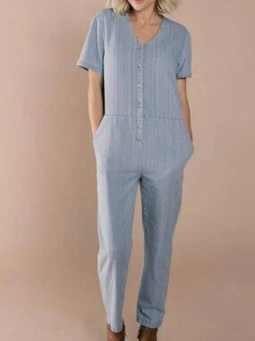 Rylee & Cru Utility Jumpsuit Washed Denim Women's Medium Light Blue Organic